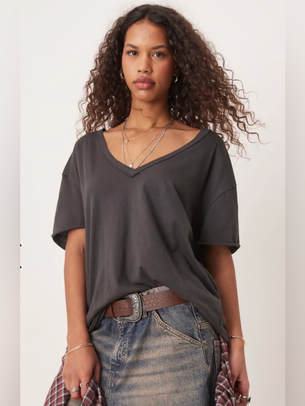 Free People Washed Charcoal V-Neck Short Sleeve Top